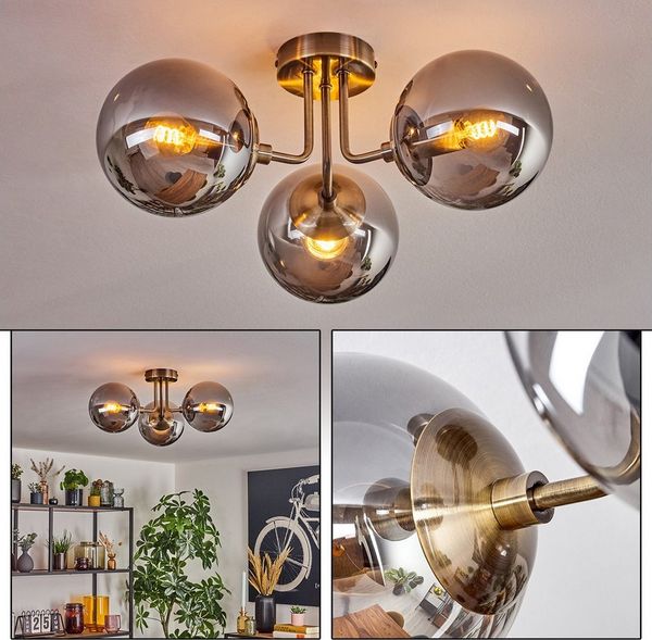hofstein Deckenleuchte Deckenlampe aus Metall/Glas in Messing-/Rauchfarben, ohne Leuchtmittel, Leuchte im Retro/Vintage-Design mit Glasschirmen (15 cm), 3 x E14