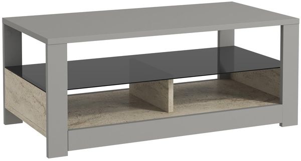 Modern Coffee Table with Glass Shelf, Grey & Travertine, 90 x 37 x 45 cm | 100% Melamine Coated Particle Board, 18 mm Thick | Wall-Mountable Design