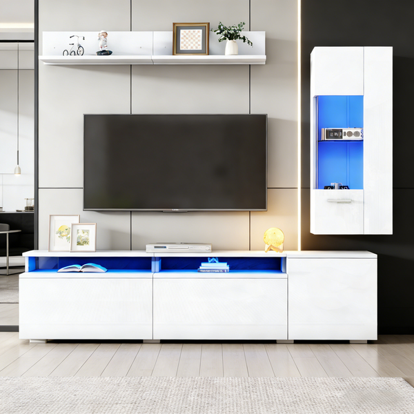 Merax TV Wohnwand Set 3-teilig LED Beleuchtung Hochglanz Wohnzimmer Möbel Set Frontale Wohnwand 1 x TV Schrank, 1 x Wohnzimmer Vitrine, 1 x Hängeregal, TV bis 80' Weiß