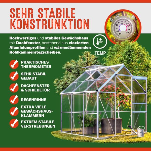Gardebruk Gewächshaus aus Aluminium 3,6m² + Fenster + Regenrinne