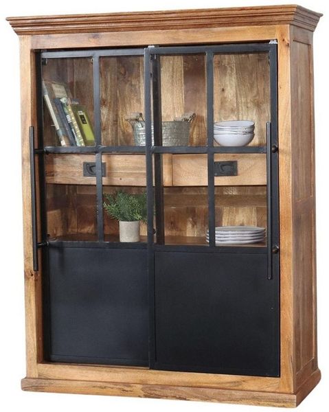 baario Highboard Highboard HOXT Industrial, Vitrine massiv Mangoholz & Eisen Geschirrschrank