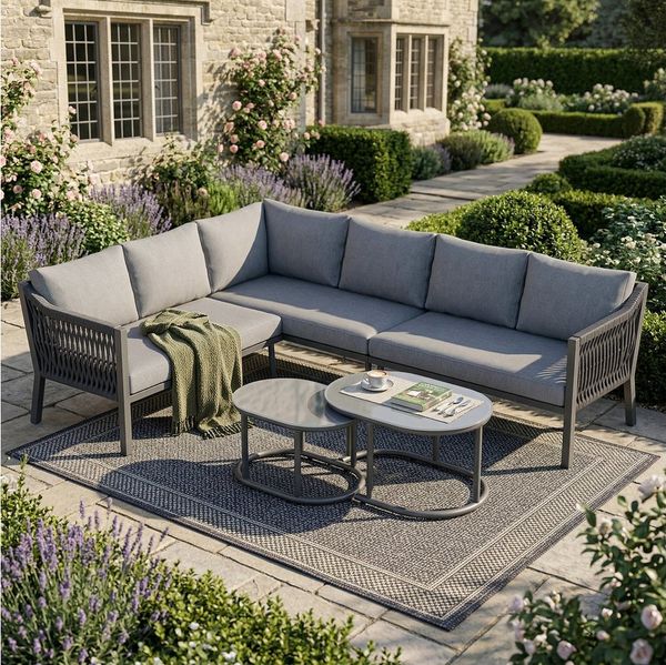 Merax Gartenlounge-Set Gartenmöbel mit handgeflochtenen Armlehnen & verzinkten Eisenrahmen, (3-tlg), 6-Sitzer Outdoor Lounge Garten-Essgruppe, Ecksofa mit 2 Glastischen