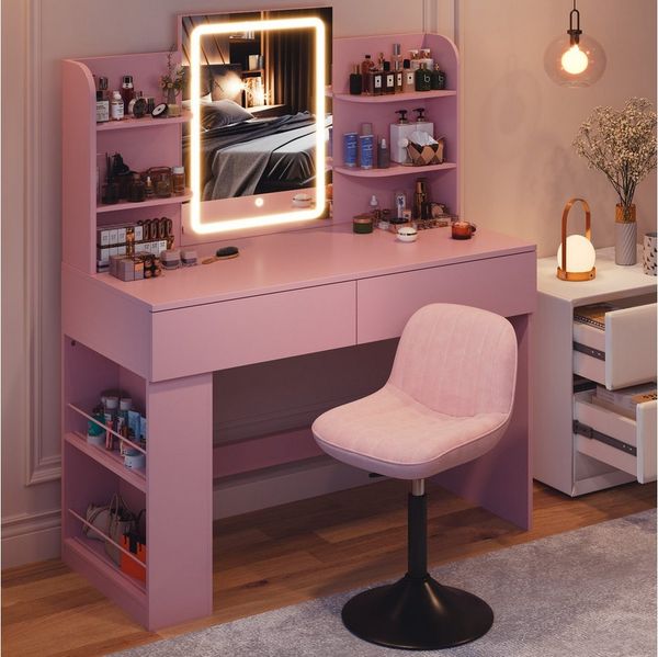 HOMALL Schminktisch Set aus Schminktisch und Hocker, mit einstellbarer Helligkeit (Maße: 90/110 × 40 × 135 cm, LED-Beleuchtung, 8 offene Fächer + 2 Schubladen, Seitenteile nach links oder rechts austauschbar, für eine bessere Raumnutzung)