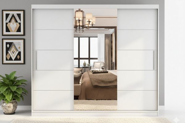 Deine Möbel 24 Schwebetürenschrank ALASKA 250 cm großer Kleiderschrank mit Spiegel (mit viel Stauraum, 1-St, moderner Schlafzimmer-Schrank in Weiß matt oder Kaschmir) mit 3 Schiebetüren, 9 Regalböden und Kleiderstange