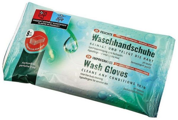 DocMed Einmal-Waschhandschuh Einmal-Waschhandschuhe, feucht, 15 x 22 cm (8 Stck) (Einwegpflegehandsuche 8-St. Pflegebedarf Hautpflege), mit Vitamin E und Aloe Vera