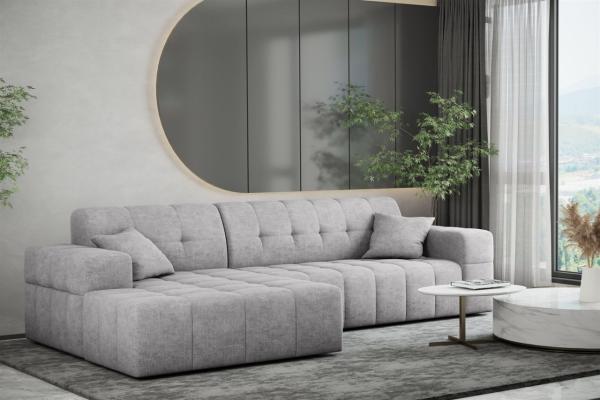 Ecksofa Designersofa NANCY in Stoff Perfekt Harmony Hellgrau Ottomane Links