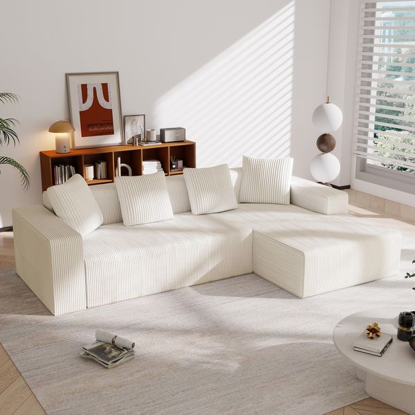 Modulares Ecksofa aus Cord mit Chaiselongue, 261x146x65 cm, Weiß