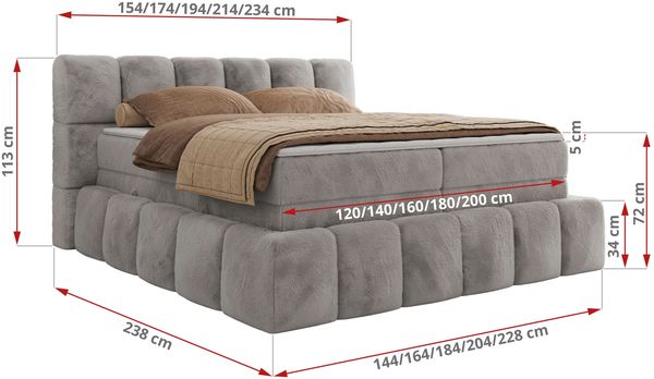 Boxspringbett NIRA KING, Doppelbett mit Fußteil, 7-Zonen Multipocket-Matratzen und Topper, Schlafzimmerbett - 120 x 200 cm - Hellgrau Plüsch - H4 Bild 6