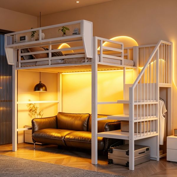 Hochbett 90x200 mit LED-Lichtleiste, Sicherheitsleiter und flexiblem Stauraum Metallbett Erwachsenenbett Kinder-Etagenbett Weiß