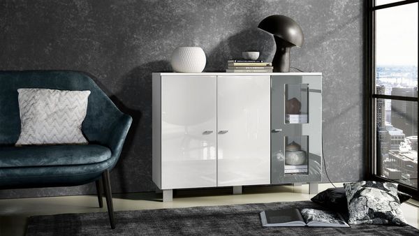 Vladon Sideboard Denjo, Kommode mit 3 Türen, Weiß matt/Weiß Hochglanz/Grau Hochglanz (107 x 81 x 35 cm)