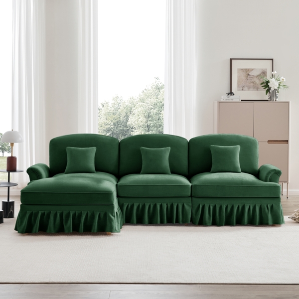 Modulares Mid-Century L-förmiges 3-Sitzer Sofa, Chenille, Trichter-Armlehnen, abnehmbare Rüschenschürze, spindelförmige Beine, beweglicher Hocker, tiefer Sitzkomfort fürs Wohnzimmer, Grün
