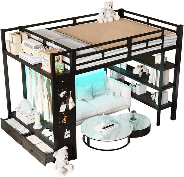 Hochbettgestell 140x200 mit offenem Kleiderschrank, Metall-Hochbett mit Ablagefächern, Lochwand und LED-Beleuchtung, schwarz.