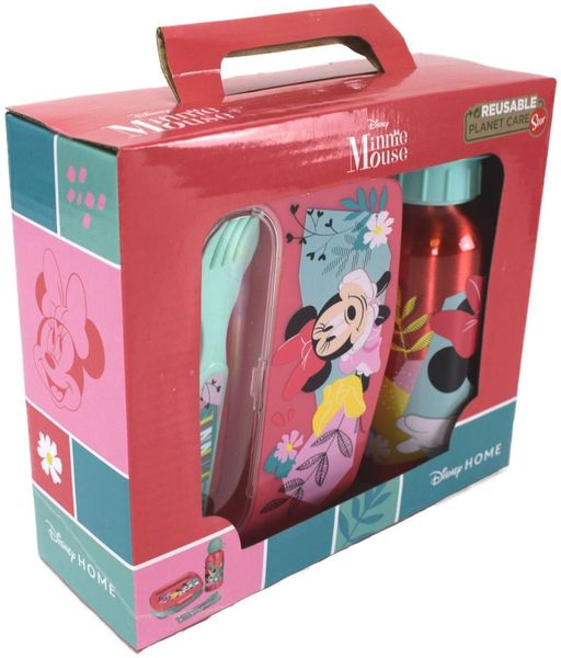 Pausen-Set 2tlg. Brotdose mit Besteckfach und Alu Trinkflasche verschiedene Motive Minnie Mouse