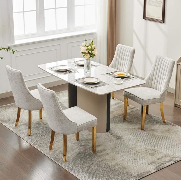 Esszimmerstuhl aus Chenille in Beige mit hoher Rückenlehne, 50 x 64 x 95,5 cm, und komfortabler Polsterung