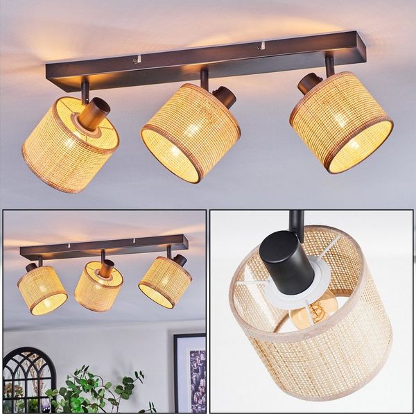hofstein Deckenleuchte Deckenlampe aus Metall/Papiergeflecht/Stoff in Schwarz/Natur/Braun, ohne Leuchtmittel, verstellbare Deckenleuchte im Boho-Design (Schirme Ø 12 cm), 3 x E14