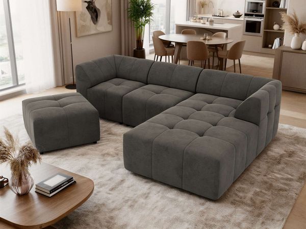 Modernes Wohnzimmer Sofa mit Hocker VORITA 4M L Freistehendes Ecksofa, L-Couch, Gepolstertes Sofa, Wellenfedern, Wohnlandschaft - Dunkelgrau Velvet - Rechts