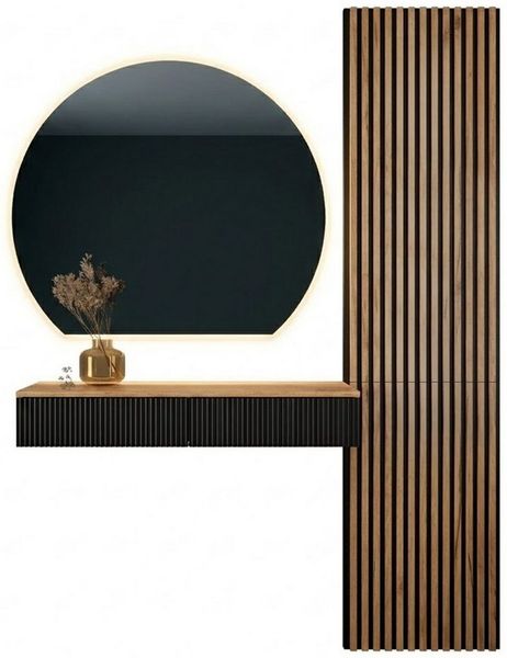 Planetmöbel Garderoben-Set AMYRA Flur Garderobe Spiegel mit Beleuchtung & Akustikpaneele, (LED Spiegel AUBE 100x90 cm, Touch-Funktion, Dimmbar, Konsolentisch 100 cm mit moderner Front schwarz), Akustikpaneele 2x120 cm mit MDF-Latten & 5mm Filzplatte