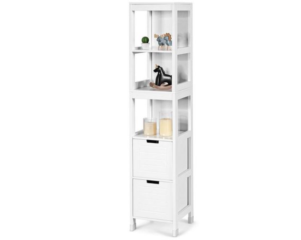 COSTWAY Hochschrank Bad, mit 5 Fächern & 2 Schubladen, weiß,145x30,5x30,5cm
