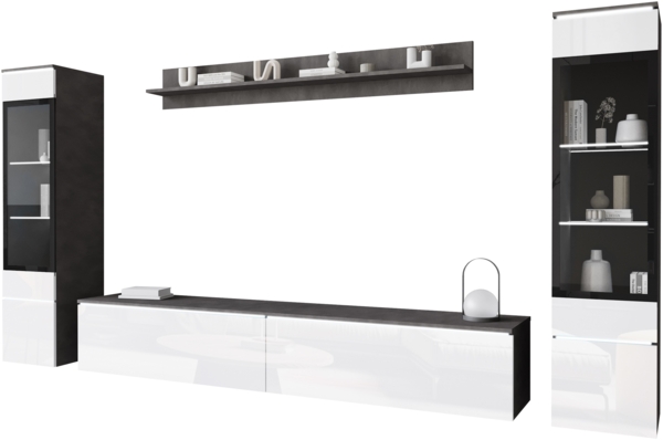 Wohnwand Doppo II (Farbe: Matera / Weiß Hochglanz, mit weißer LED Beleuchtung)
