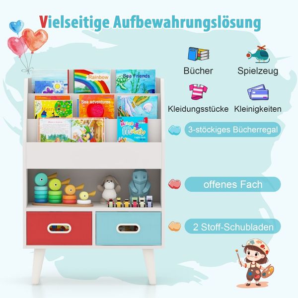 Bücherregal Kinder Kinderregal mit 3 Ablagen & offenem Fach & 2 Stoffschubladen Weiß