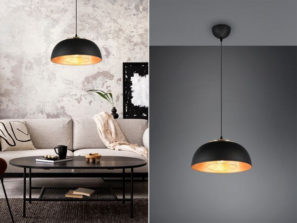 Pendelleuchte PUNCH 1-flammig Metall Schwarz Gold mit Drahtgeflecht, Ø 35cm