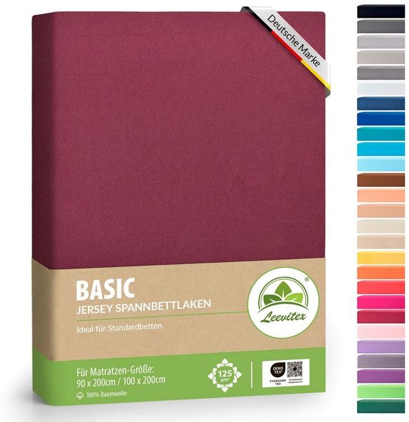 leevitex® Spannbettlaken 90x200 cm - 100x200 cm | Spannbetttuch Bettlaken | 100% Jersey Baumwolle | Matratzenhöhe bis 25 cm | Öko-Tex | Bordeaux/Weinrot