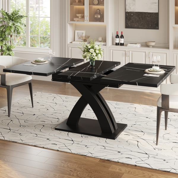 Ausziehbarer Esstisch 120/160 x 80 x 76 cm, schwarz/weiß, mit X-Beinen & versteckter Ausziehmechanik