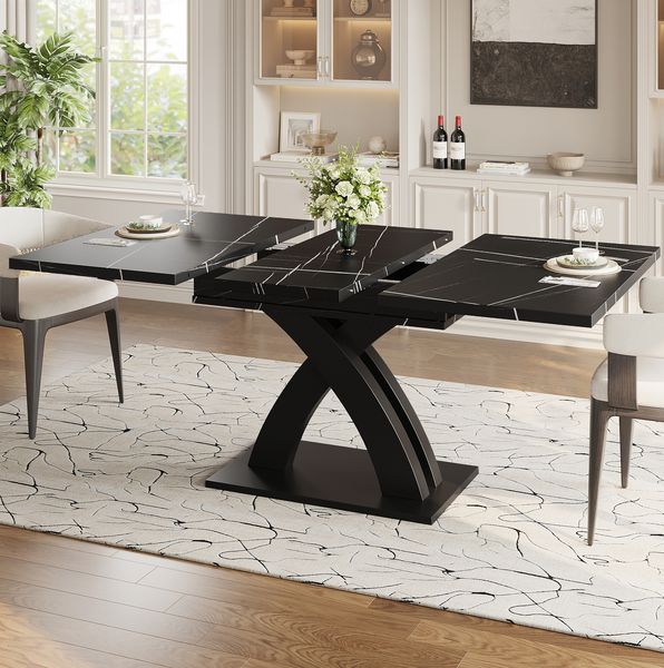 Ausziehbarer Esstisch 120/160x80x76 cm, schwarz/weiß, mit X-Beinen & versteckter Ausziehmechanik