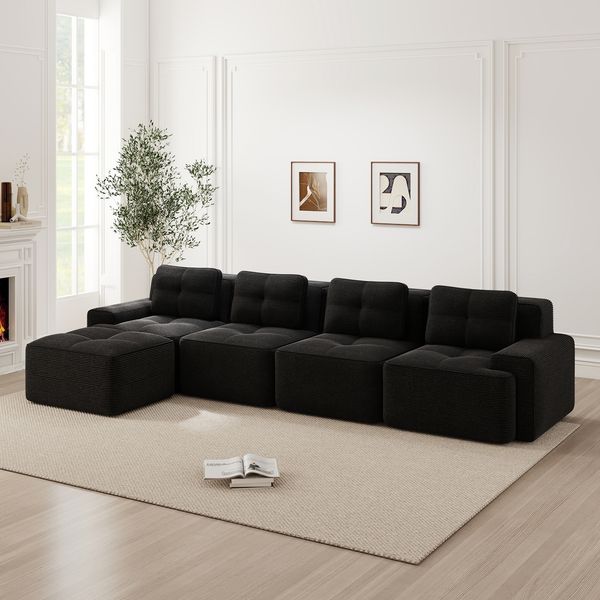 4-Sitzer Modulsofa H 69 x T 382 x B 177 cm mit Chaiselongue, aus Cord, 74 cm Sitztiefe, montagefrei