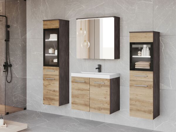 Badmöbel-Set Madrit II (Farbe: Matera / Kastanien Breslau, mit Siphon, mit weißer LED Beleuchtung)