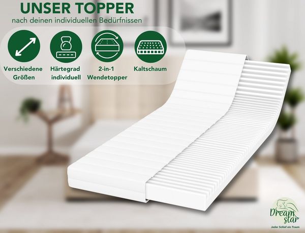 Dreamstar, Topper Easy Flex, ergonomischer 7-Zonen Matratzentopper zum Wenden, 10 cm hoch, Duo Härtegrad H2 und H3, verschiedene Größen, Komforthöhe 10 cm