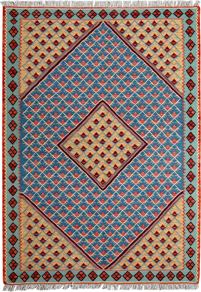 Looma 'Hasti' Kelim Senneh handgewebt, Schurwolle Blau, 108x151 cm