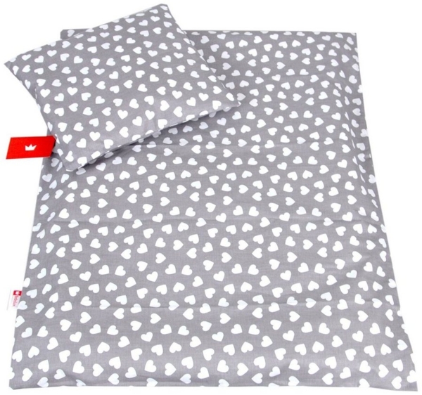 BABYLUX 2 tlg. Set Bezug für Kinderwagen Stubenwagen oder Wiege Garnitur Bettwäsche Kissen Decke 60x78 cm (95. Herzen Grau)