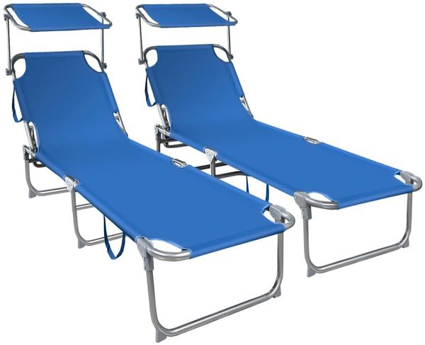 VOUNOT 2er Set Sonnenliege mit Dach, Klappbare Strandliege, Gartenliege Liegestuhl, Sonnendach und Rückenlehne Verstellbar, 190 x 58 x 27 cm, Blau