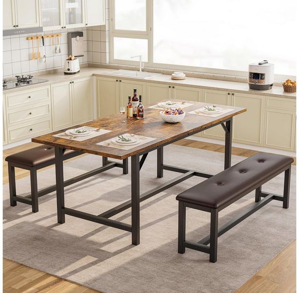 GarveeMore Essgruppe Esstisch-Set für 4–6 Personen mit 2 gepolsterten Bänken,3-teiliges, großes ausziehbares Küchentisch-Set für Wohnung,Esszimmer,platzsparend