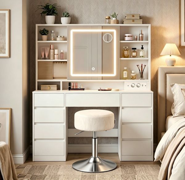 VASAGLE Schminktisch mit Spiegel und LED-Leuchten, Steckdosenleiste, 9 Schubladen (1 Tisch mit 1 Hocker), 10x Vergrößerungsspiegel, 3 Lichtfarben, werkzeuglose Gleitschienen