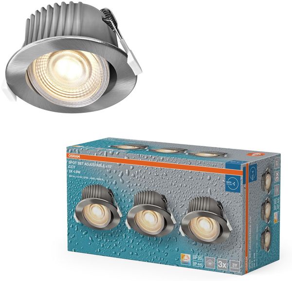 Osram Spot Set LED Einbaustrahler CCT IP44 4,9W Satin-Nickel, 3er Set Badezimmer Click-CCT dreistufig, 2700–6500K