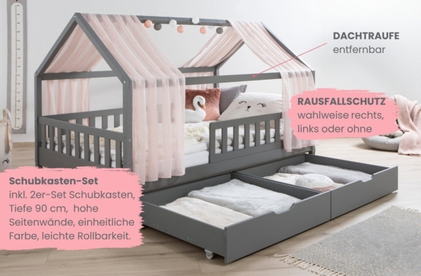 Ticaa Hausbett Kim mit Rausfallschutz und Schubkasten aus Kiefer, Kinderbett 140x200, inkl. Tüll-Set, mit Rollrost, mit Matratze Bild 2