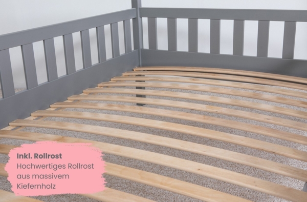 Ticaa Hausbett Kim mit Rausfallschutz und Schubkasten aus Kiefer, Kinderbett 140x200, inkl. Tüll-Set, mit Rollrost, mit Matratze Bild 3