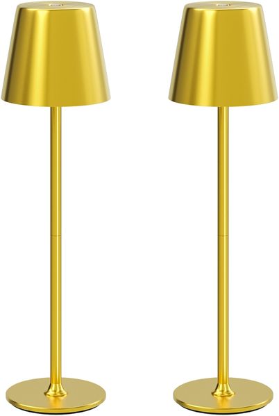 UPXNBOR LED Tischlampe Kabellos 2 Stück, Dimmbare Nachttischlampe Touch, Akku Tischleuchte Kabellos, Indoor Outdoor Tischlampe Akku, 3-stufig Warmlicht, IP54 Wasserdicht, Vollmetallgehäuse, Gold