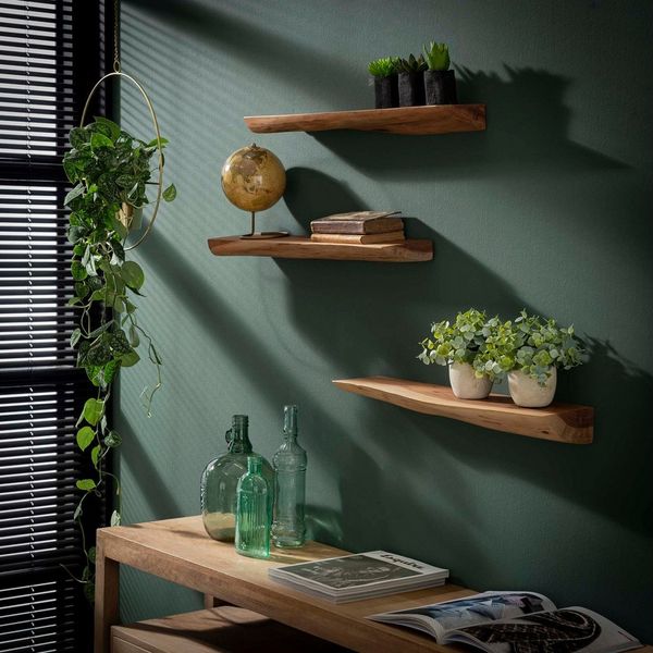 alesvelt Wandregal Set EDGE NATURE 3 schwebende Massivholz-Regale mit echter Baumkante, 60x13x4cm, Akazienholz
