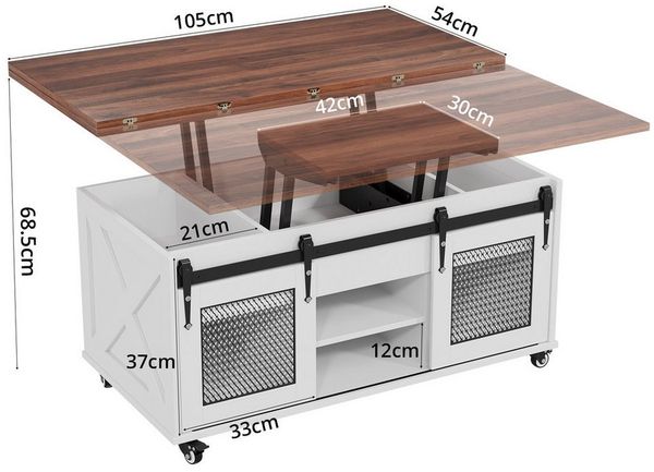 VOWNER Couchtisch 3-in-1 Wohnzimmertisch mit Rollen & Versteckaufbewahrung (1-St), Höhenverstellbarer Esstisch, Bauernhausstil