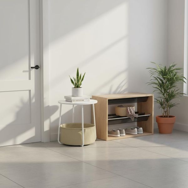 FurnitureR Moderner Flur-Beistelltisch mit Stoffschublade, 45 x 50.5 x 43 cm, Weiß, Kompakter Nachttisch mit Stauraum für Eingangsbereich