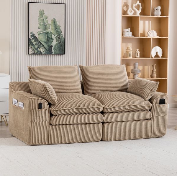 2-Sitzer Sofa 191 x 94 x 85 cm aus Cord in Khaki – mit Kissen, Seitentaschen und Federkern