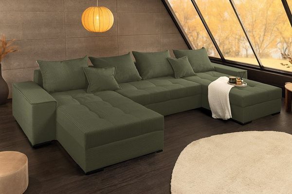 riess-ambiente Wohnlandschaft LODGE 315 cm grün – Cord, U-Form, Schlaffunktion, FSC-zertifiziert, Set 1 Teile, XXL-Sofa mit Bettkasten & Federkern – ideal fürs moderne Wohnzimmer