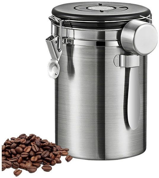 BlingBin Kaffeedose 1,8/2,8L Edelstahl Kaffeebohnen Vorratsdose,Luftdichte Kaffeebehälter, Edelstahl, (1er Set, 1-tlg, 12.5*19cm), Kaffeedose mit CO2-Ventil, Messlöffel & Datumsanzeige für Nüsse Kakao