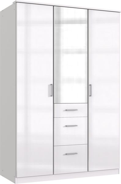 Kleiderschrank Clack in Weiß mit Fronten in Hochglanz Weiß Lack- Drehtürenschrank in verschiedenen Varianten wählbar - Kleiderschrank 135 cm – mit Spiegel