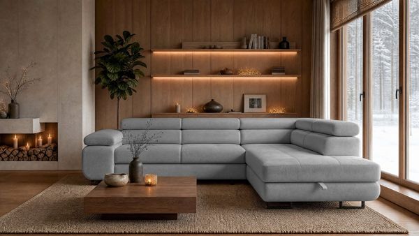 storez24 Ecksofa Velmo, mit Bettkasten und Schlaffunktion, verstellbaren Kopfstützen, L-Form