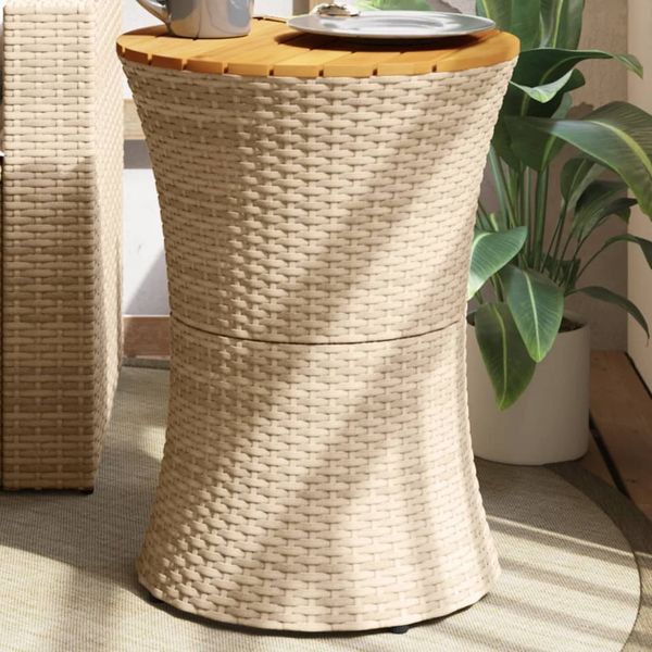Gartentisch, Beistelltisch, Balkontisch Trommelform Beige Poly Rattan Massivholz
