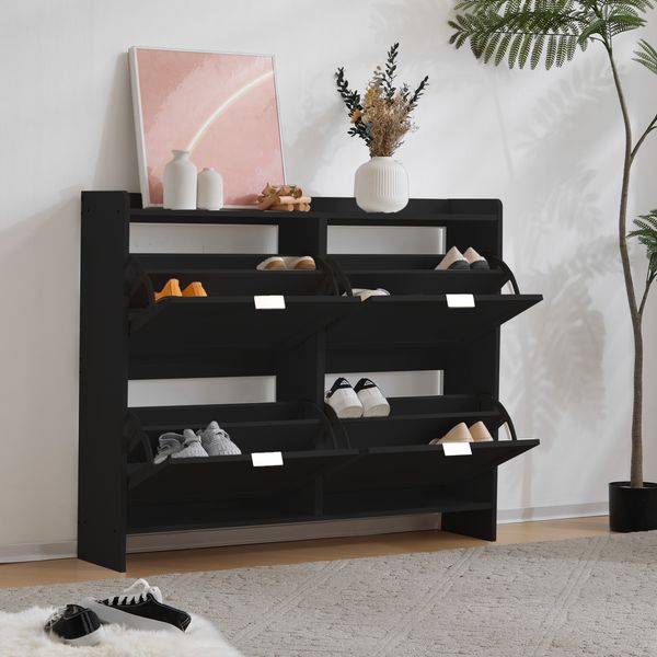 Schuhschrank mit 4 Klappfächern & offener Ablage, 110 x 24 x 90 cm, Schwarz